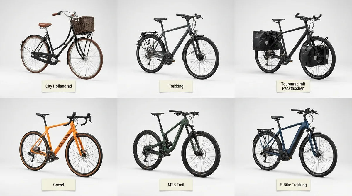 6 Fahrrad-Kategorien im Studio-Vergleich: City Hollandrad, Trekking, Tourenrad, Gravel, MTB Trail und E-Bike Trekking - perfektes Fahrrad finden 2026