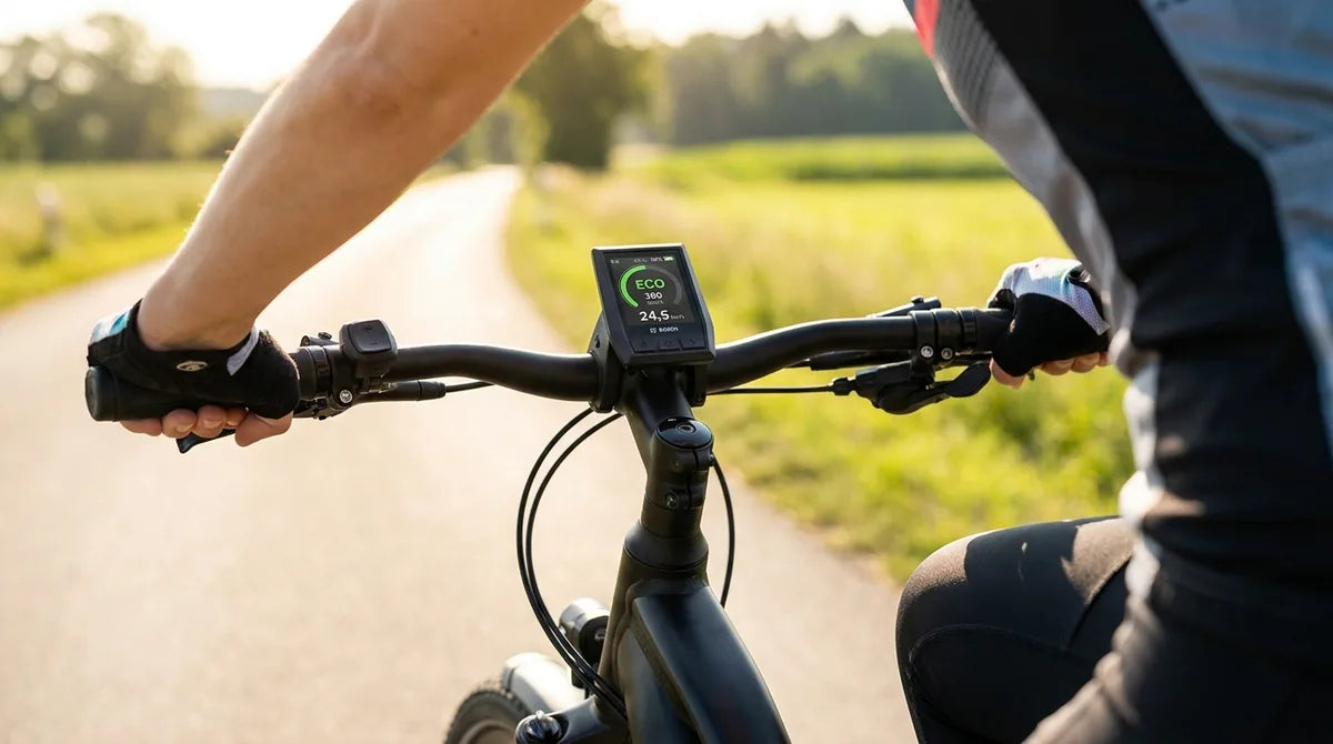 Bosch Kiox Display am E-Bike-Lenker zeigt ECO-Modus und Kalorienverbrauch bei sonnigem Feldweg - optimaler Fettverbrennungs-Modus zum Abnehmen