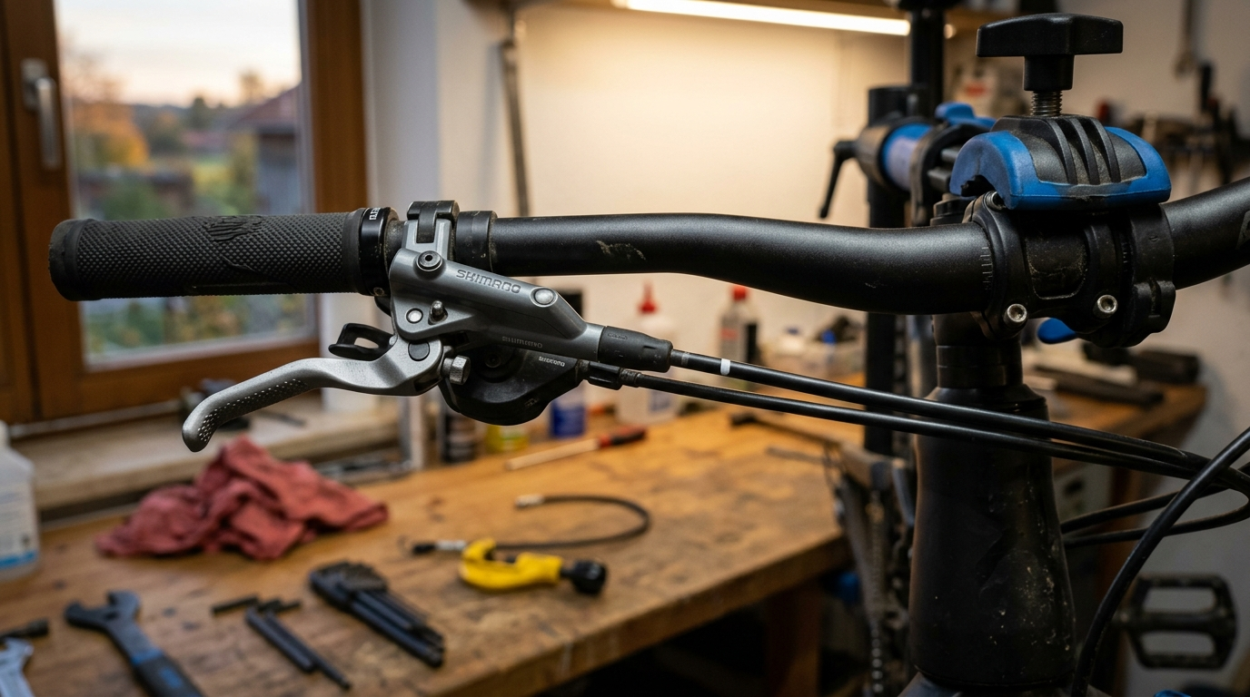 Mountainbike-Cockpit mit eingeschlagenem Lenker und markierter Bremsleitung - Shimano Bremsleitung kürzen