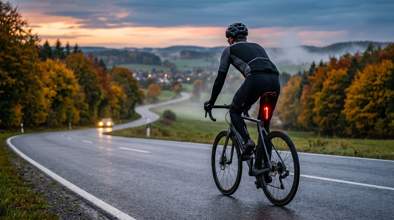 Rennrad mit Radar-Rücklicht auf einer Landstraße in der Oberpfalz bei Dämmerung - Fahrrad Radar