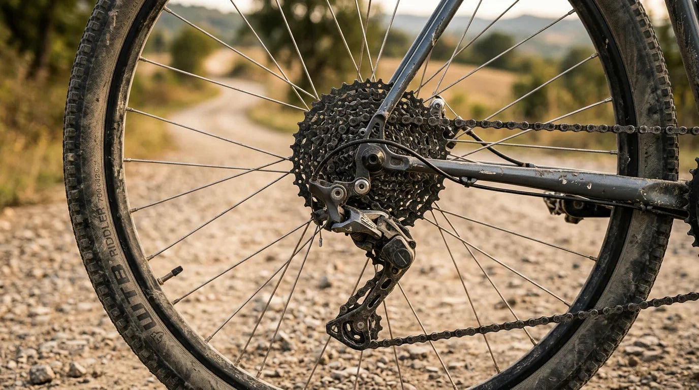 Gravelbike-Kassette und Schaltwerk auf Schotterweg - beste Kassette fuers Gravelbike