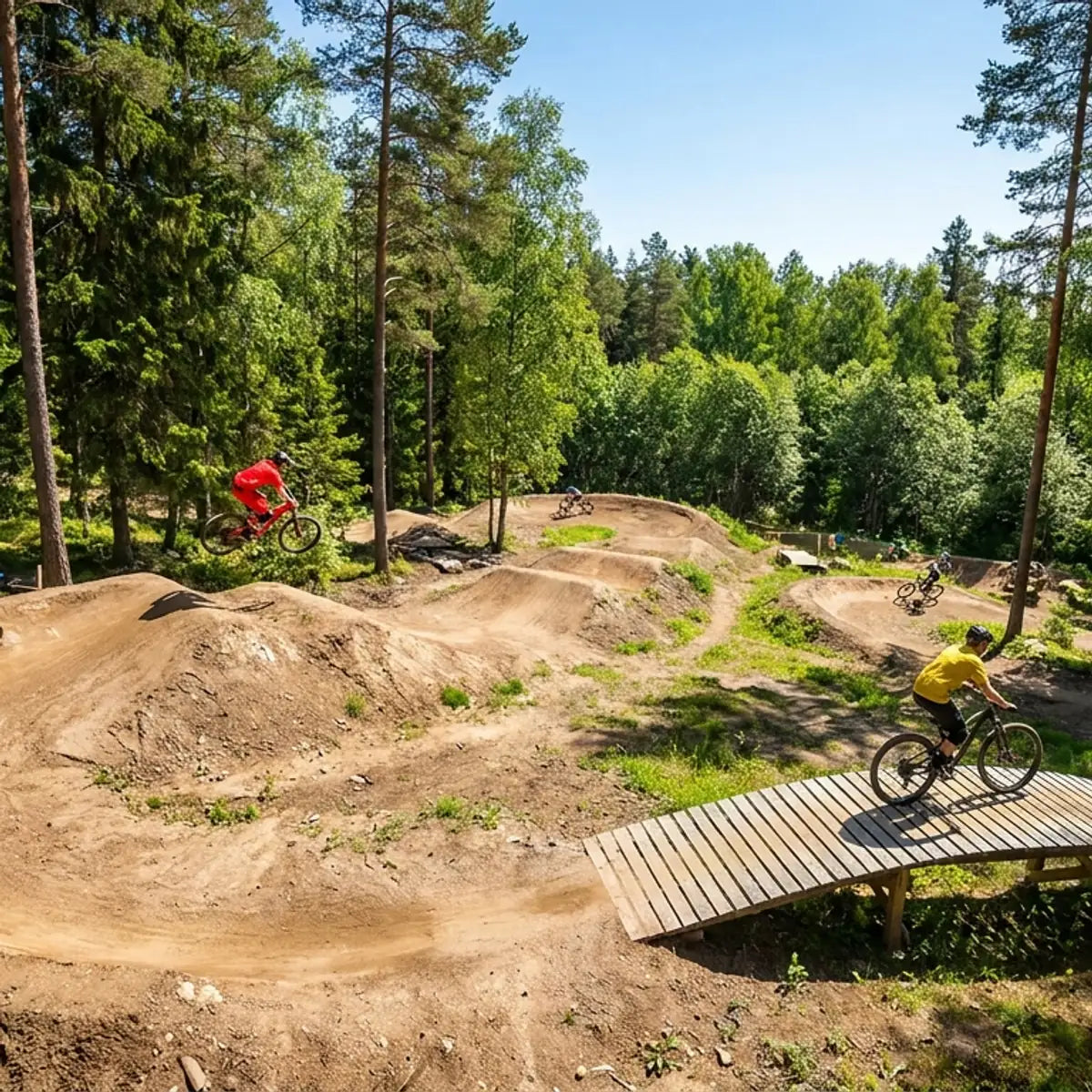 Bikepark Pumptrack mit mehreren MTB-Fahrern im Wald - Flow-Trail fuer jedes Level