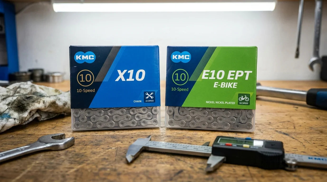 KMC X10 und KMC E10 EPT Fahrradkette im direkten Vergleich auf Werkbank - Werkstatt-Test E-Bike-Ketten