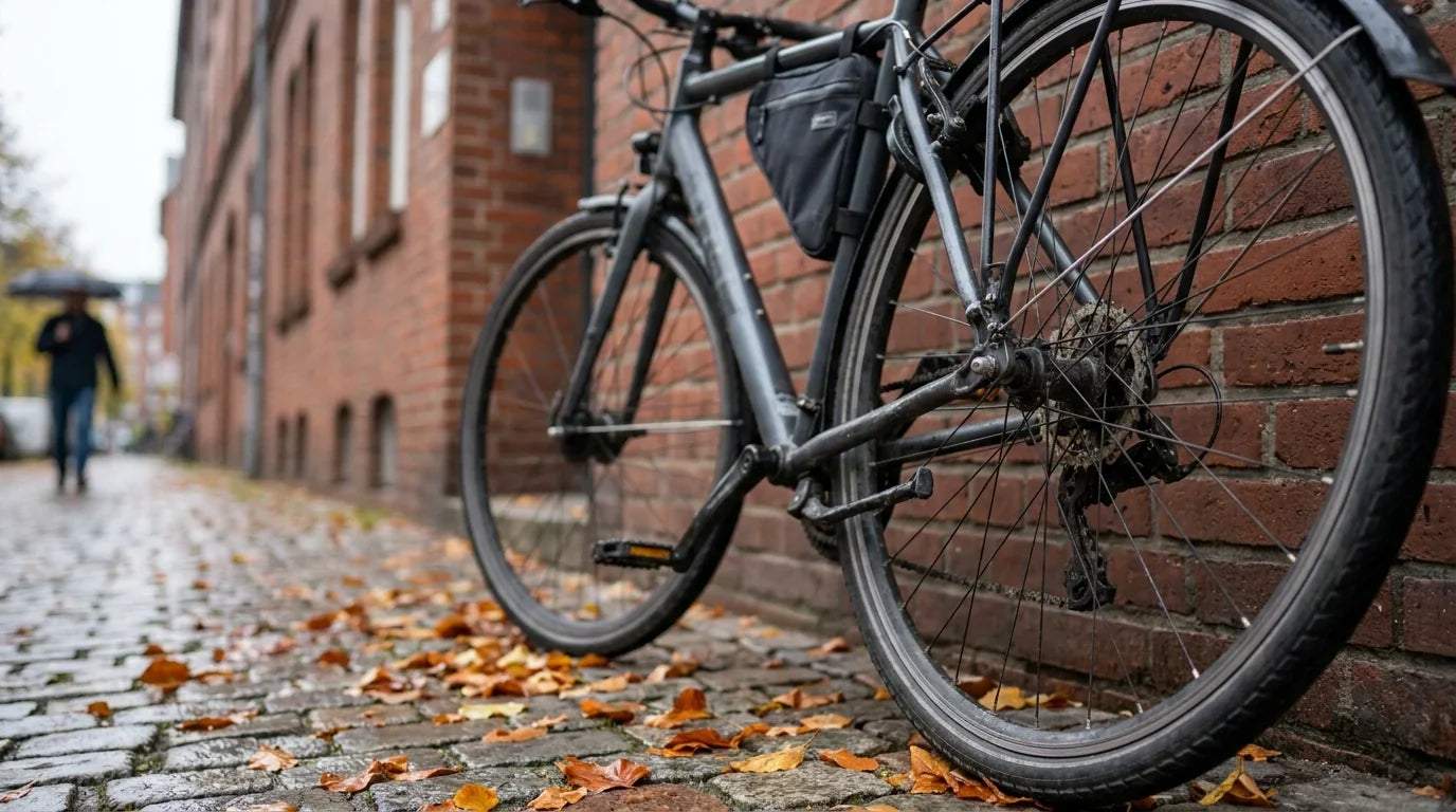 Pendlerrad in deutscher Stadtstraße mit Fokus auf Antrieb und Kette - KMC Pendler-Ketten Praxis