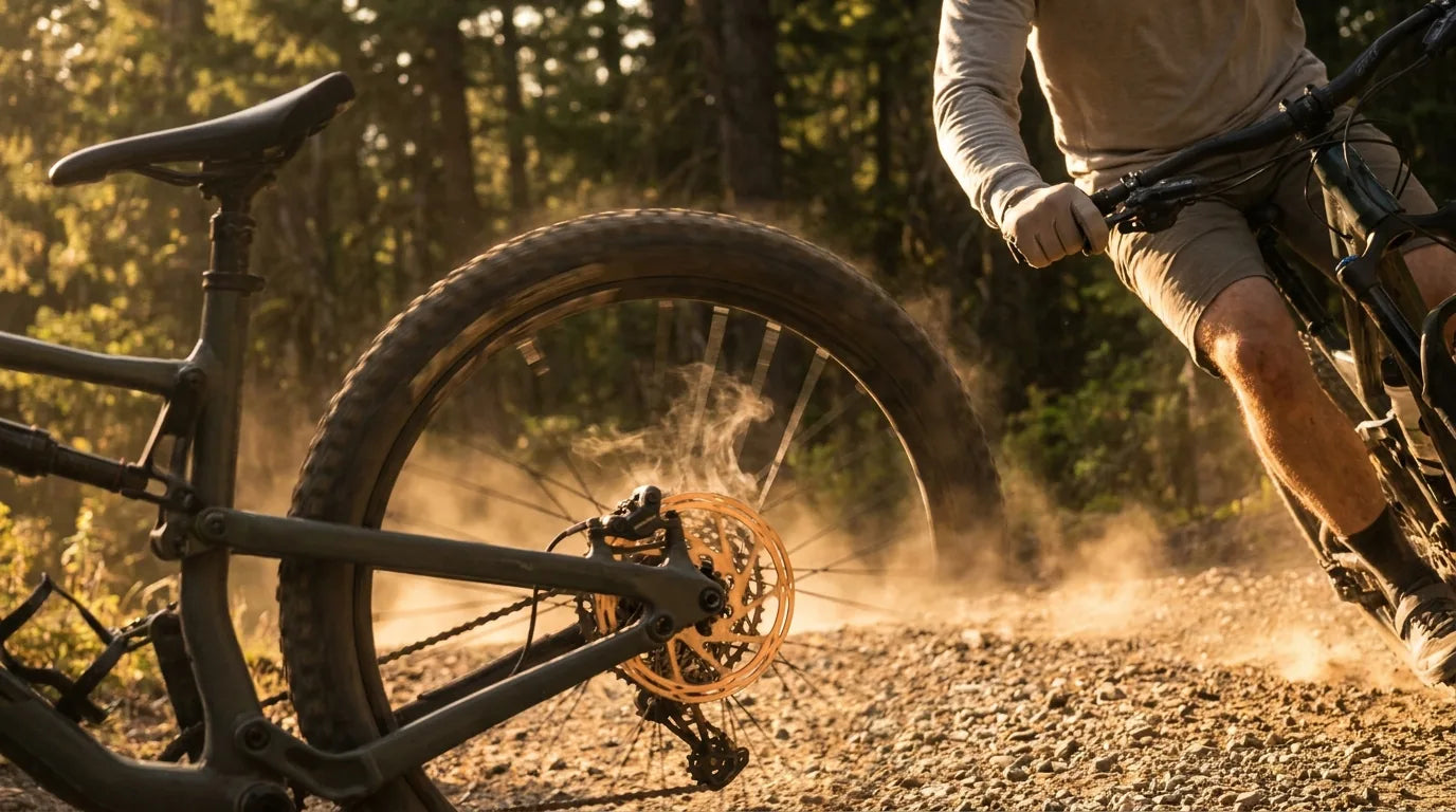 Mountainbiker bremst auf Schotterweg kräftig ab - neue Scheibenbremsen richtig einfahren durch moderates Bremsen aus 30 km/h