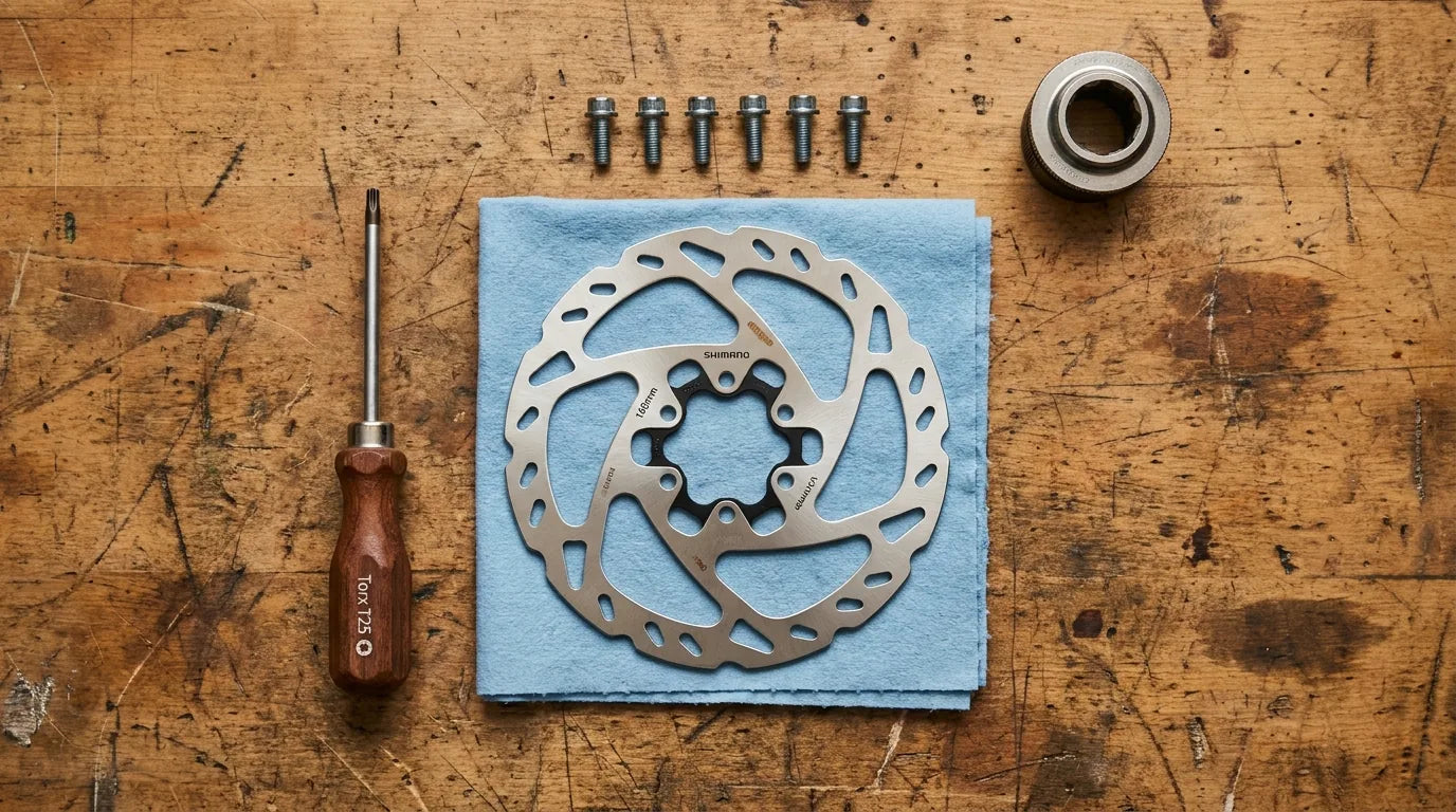 Werkzeug für Bremsscheibe wechseln: Torx T25 Schraubenzieher, neue Shimano Bremsscheibe und Centerlock Schlüssel auf Werkbank