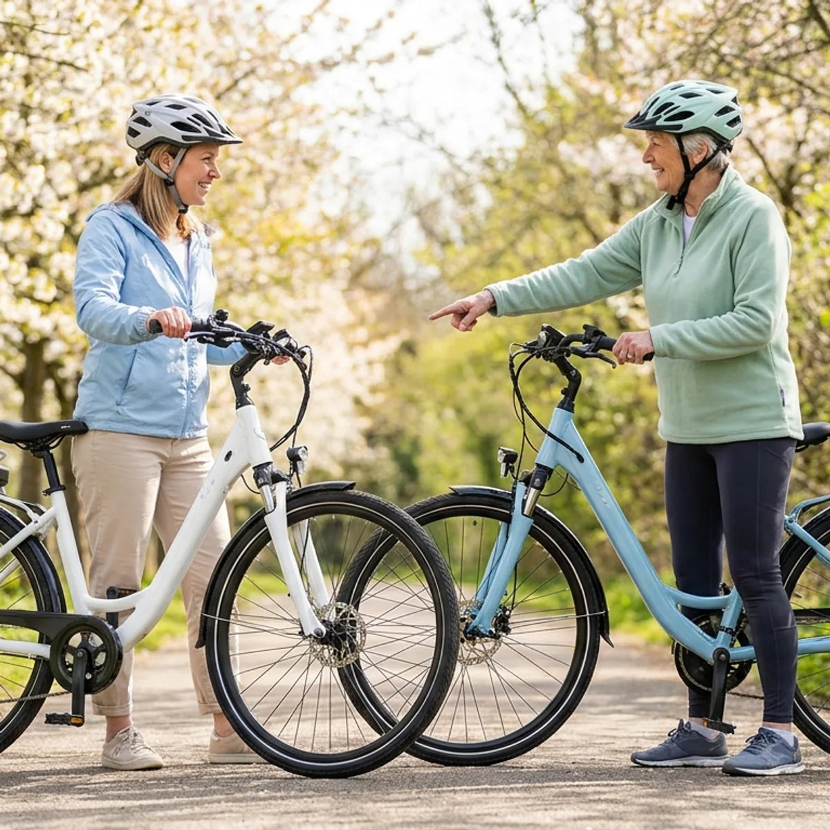 Zwei Frauen mit modernen Damen-E-Bikes von Cube und Gazelle im Fruehlings-Park - Tiefeinstieg-Rahmen