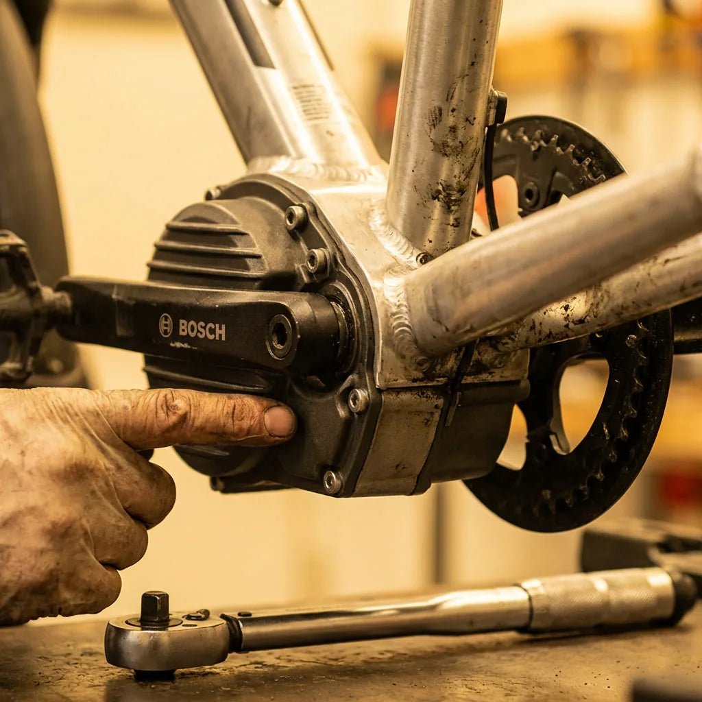 E-Bike Tretlager und Bosch Mittelmotor Nahaufnahme: häufige Ursache für Knackgeräusche beim Treten sind lose Motorschrauben