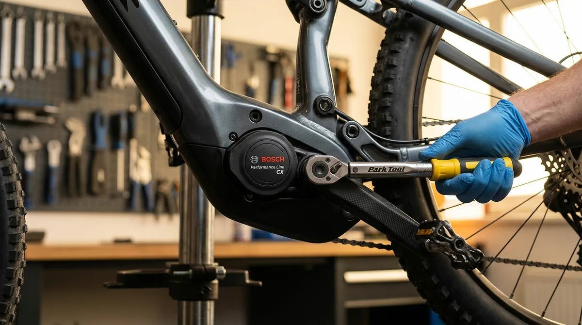 Drehmomentschlüssel prüft Kurbelschraube am Bosch Performance Line E-Bike-Motor - Knackgeräusch-Diagnose