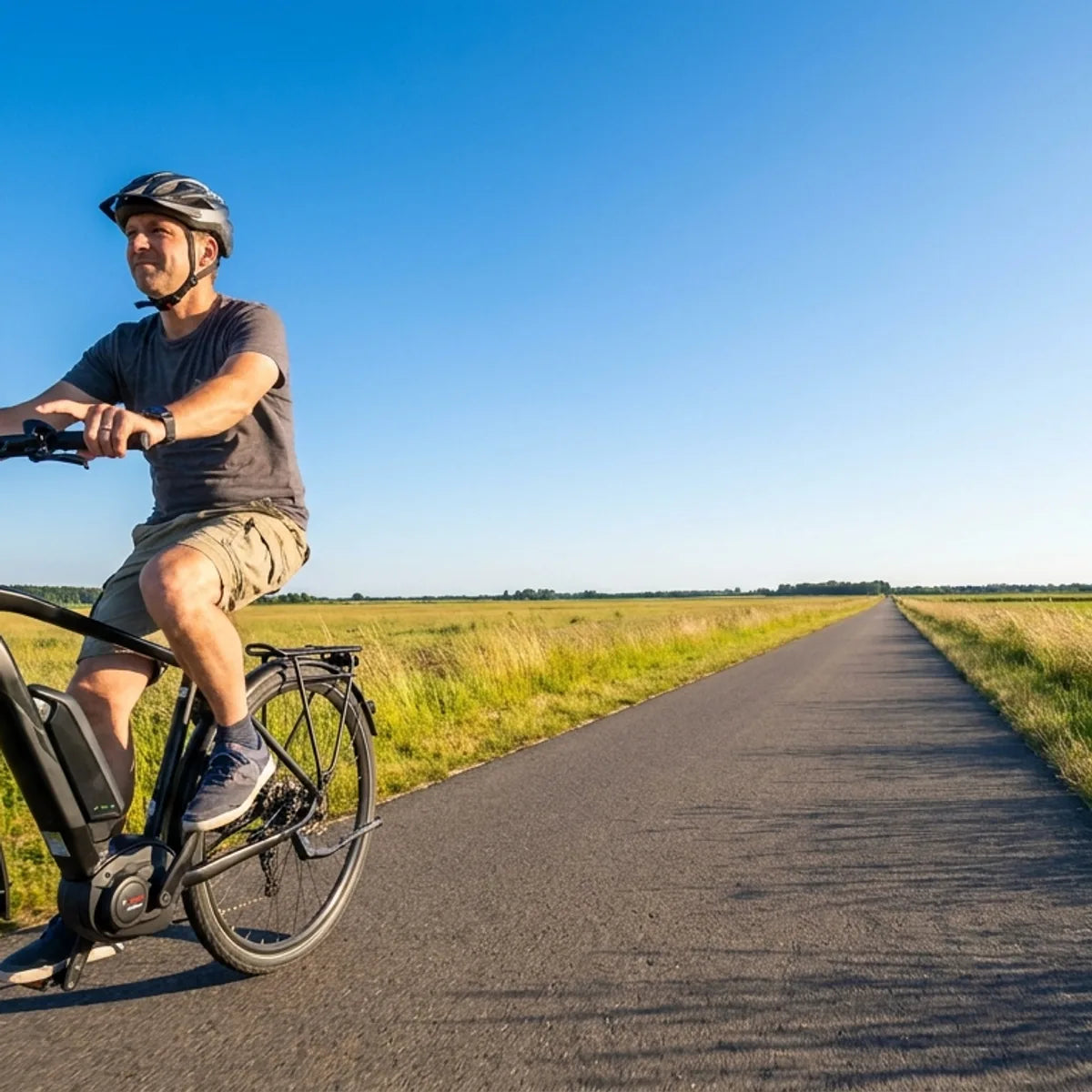 E-Bike-Fahrer auf Landstrasse mit sichtbarem Reichweiten-Display - mehr Kilometer durch Eco-Modus