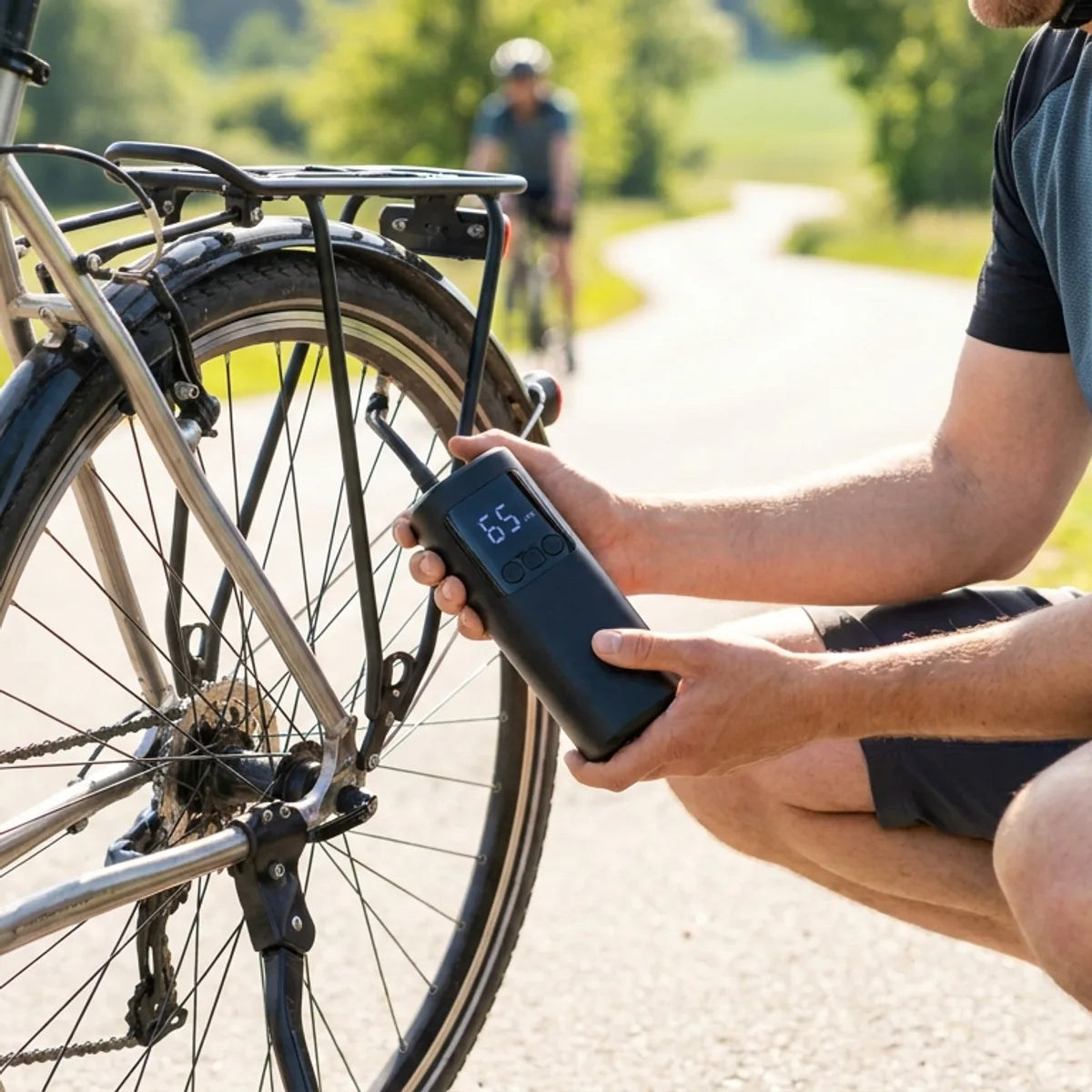 Radfahrer pumpt Reifen mit elektrischer Mini-Pumpe auf - kompakte Fahrradpumpe mit Display