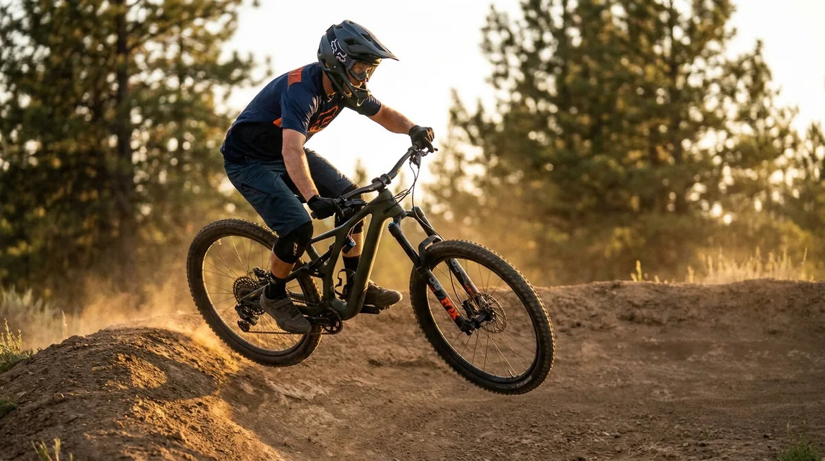 Enduro-MTB-Fahrer springt auf Flow-Trail im Bikepark bei goldener Stunde - 160mm Federweg schluckt Sprünge und Wurzeltrails