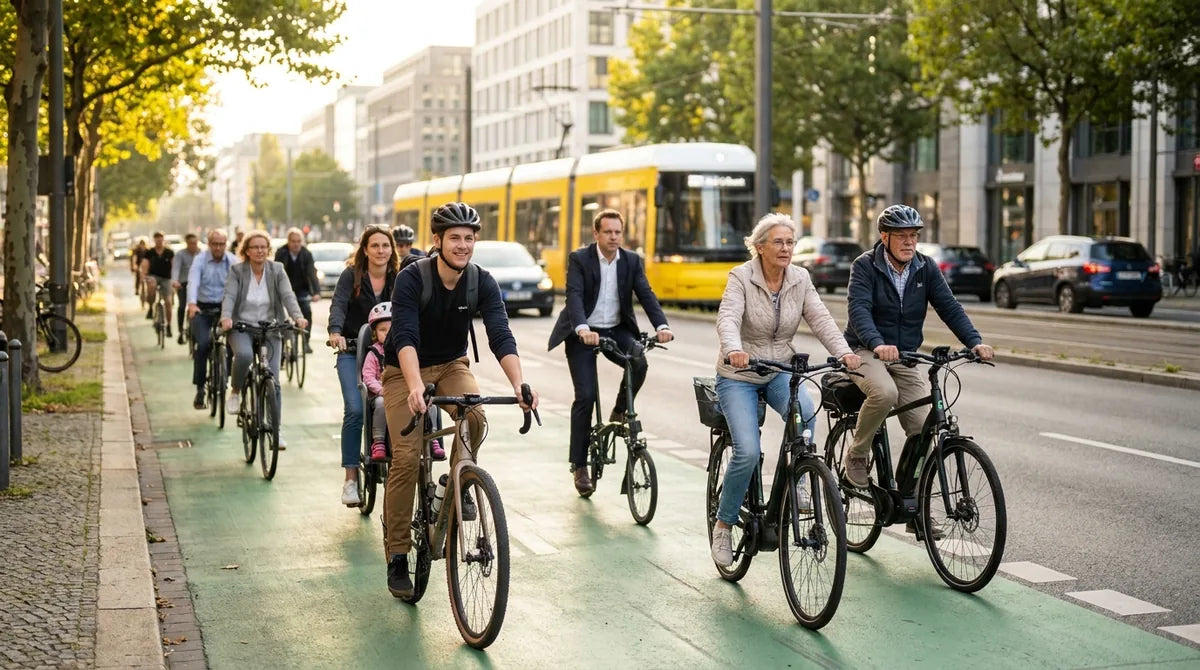 Moderne Radspur in deutscher Stadt mit diverser Radfahrer-Gruppe aller Altersgruppen beim Morgen-Pendeln - Fahrrad-Boom 2026 in der Praxis
