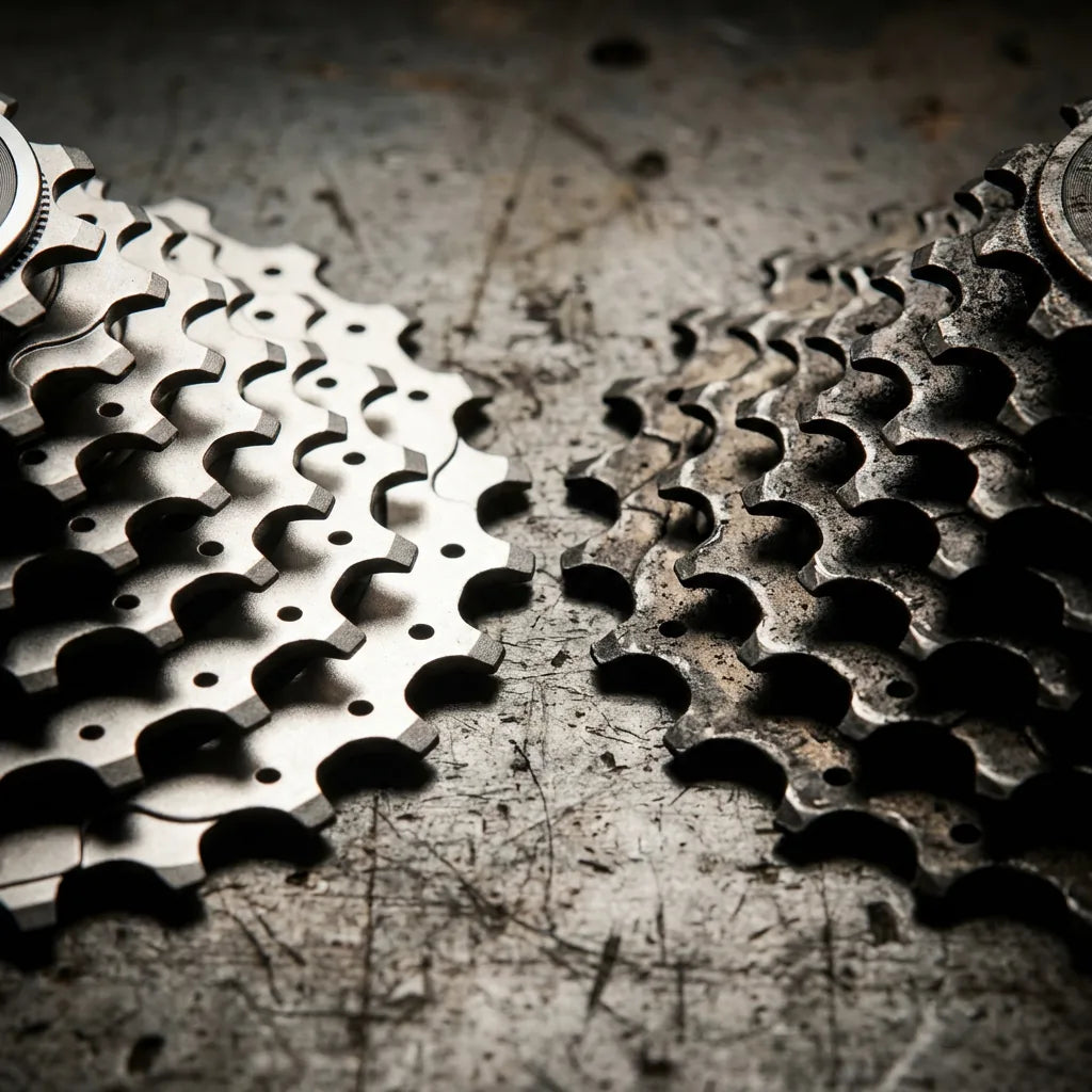 Fahrrad Ritzel Verschleiß erkennen: neue Kassette mit scharfen Zähnen links vs verschlissene Kassette mit Haifischzähnen rechts