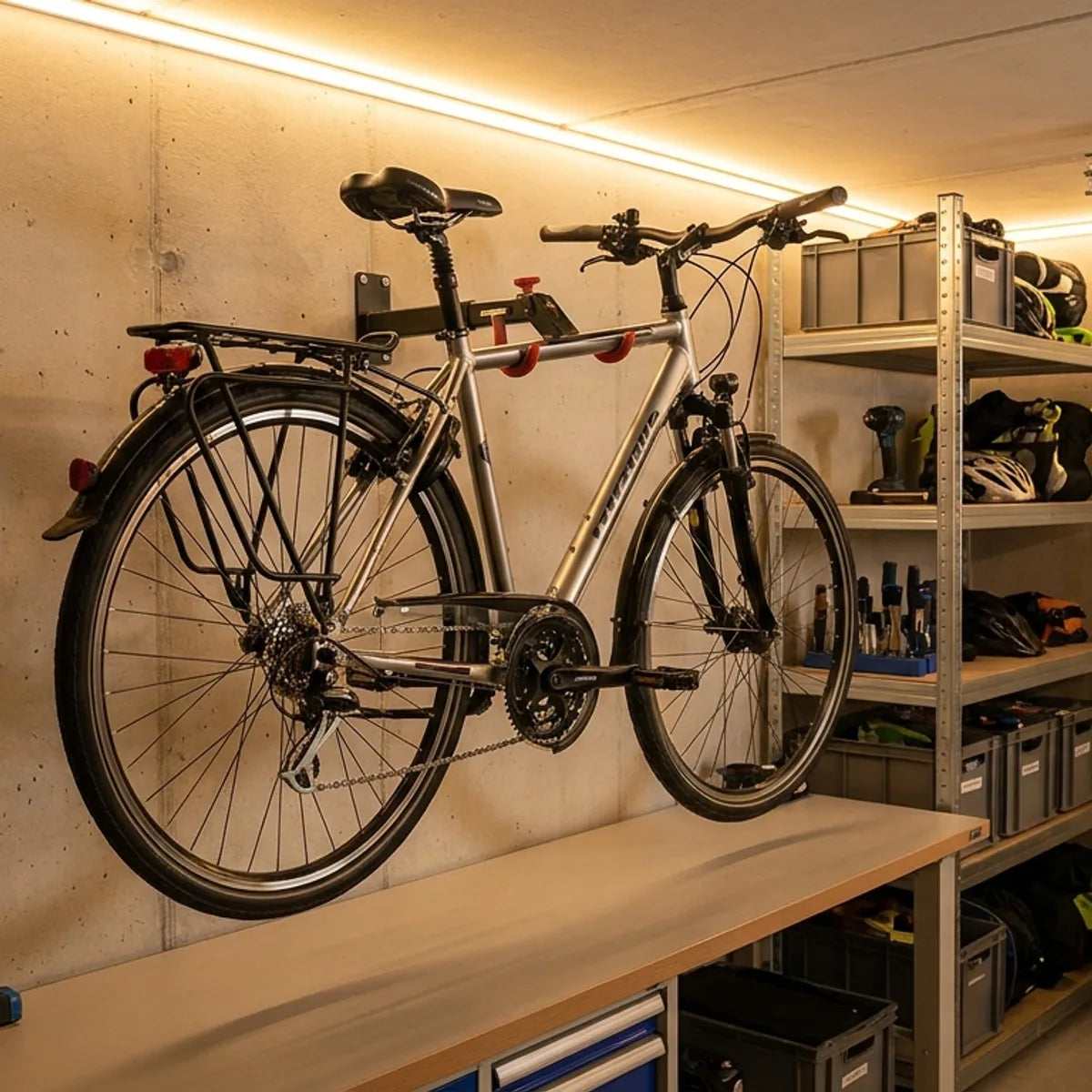 Fahrrad winterfest im Keller gelagert an Wandhalterung mit Werkzeug-Regalen - sichere Ueberwinterung