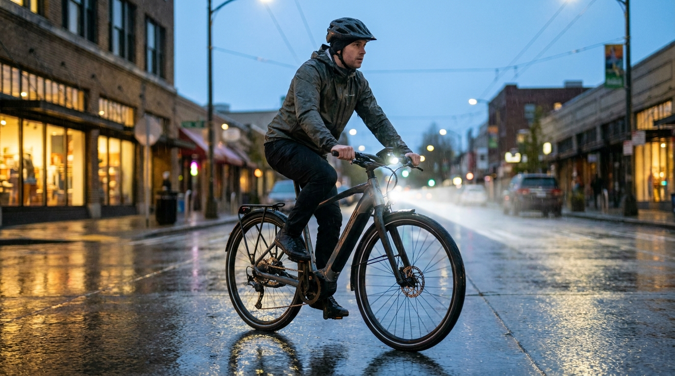Fahrradfahrer mit eingeschaltetem LED-Frontlicht in einer abendlichen Stadt bei leichtem Regen