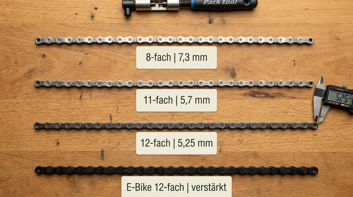 Vier Fahrradketten im Breiten-Vergleich von 8-fach bis 12-fach inklusive E-Bike-Kette mit Millimeter-Breiten-Angaben