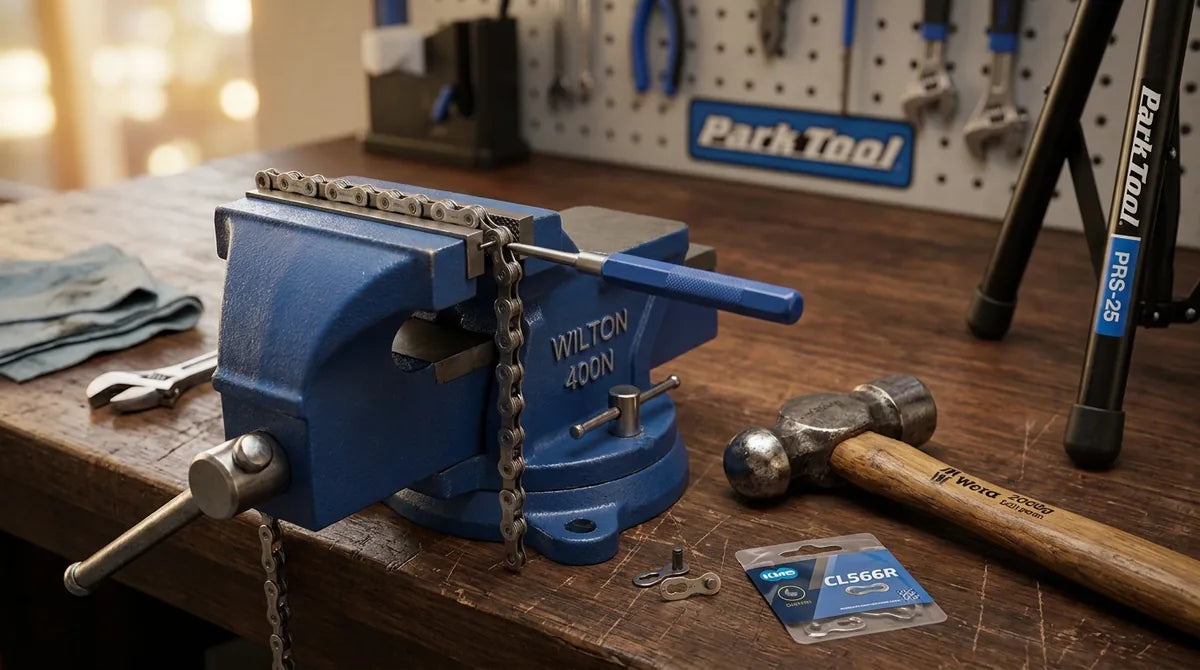 Fahrradkette wird im Wilton Schraubstock mit Durchschlag und Hammer ohne Kettennieter gekürzt - DIY-Methode