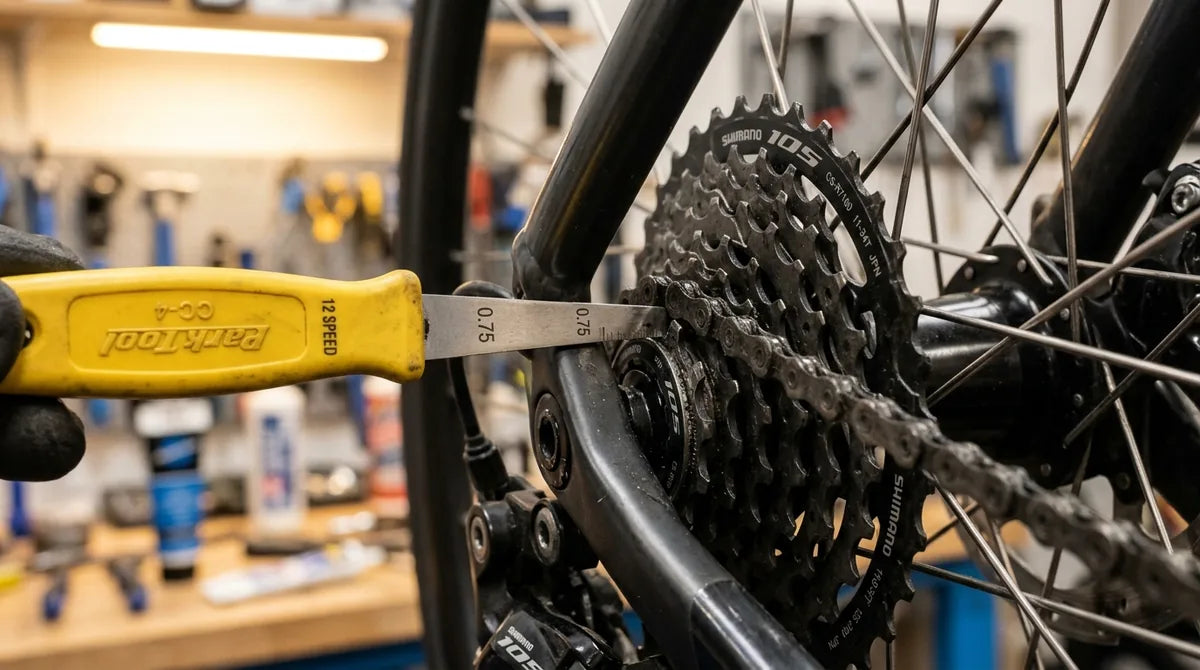 Park Tool Kettenverschleißlehre an 12-fach Fahrradkette auf Kassette - Kettenlängung prüfen