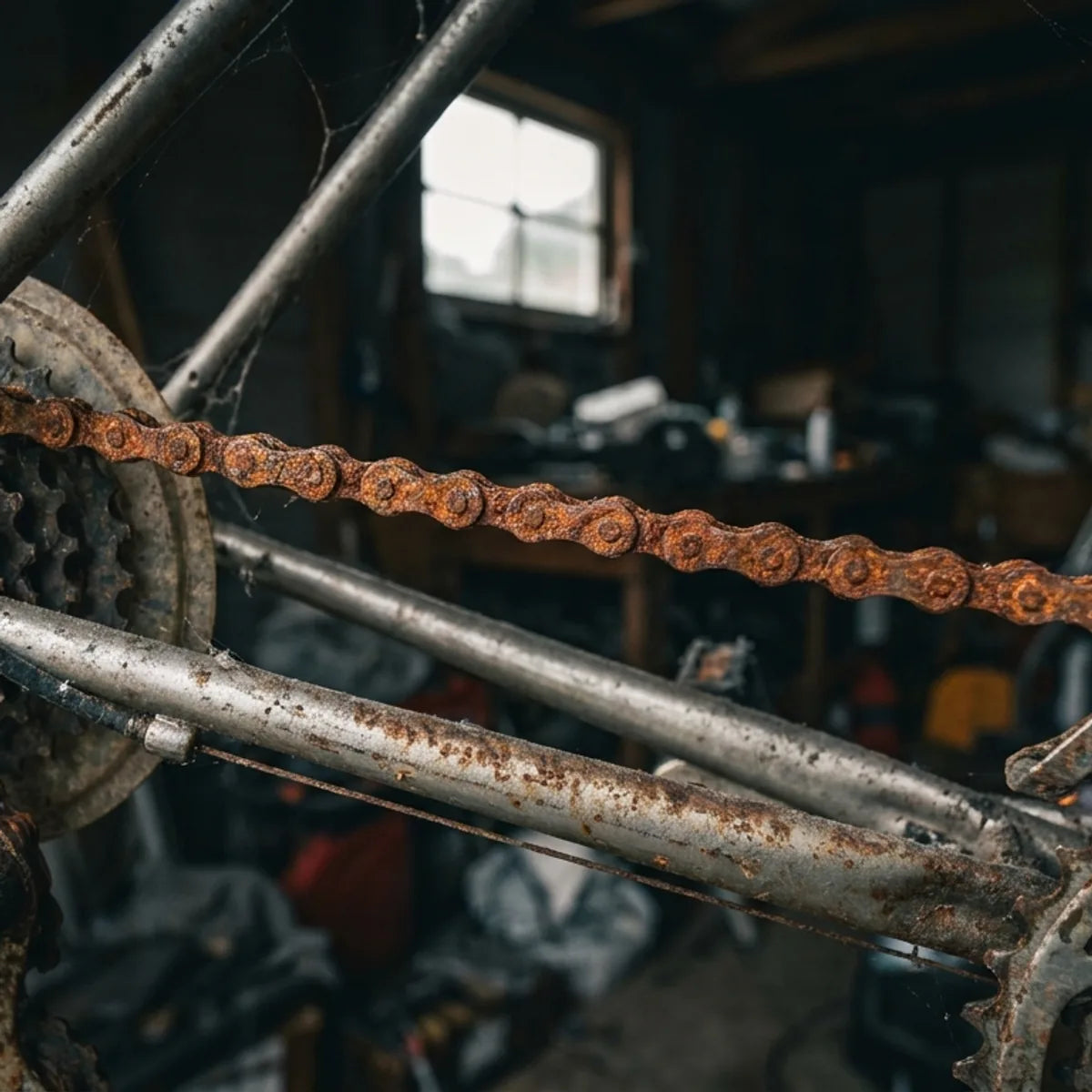 Altes Fahrrad mit stark verrosteter Kette in alter Garage - typische Folgen fehlender Pflege