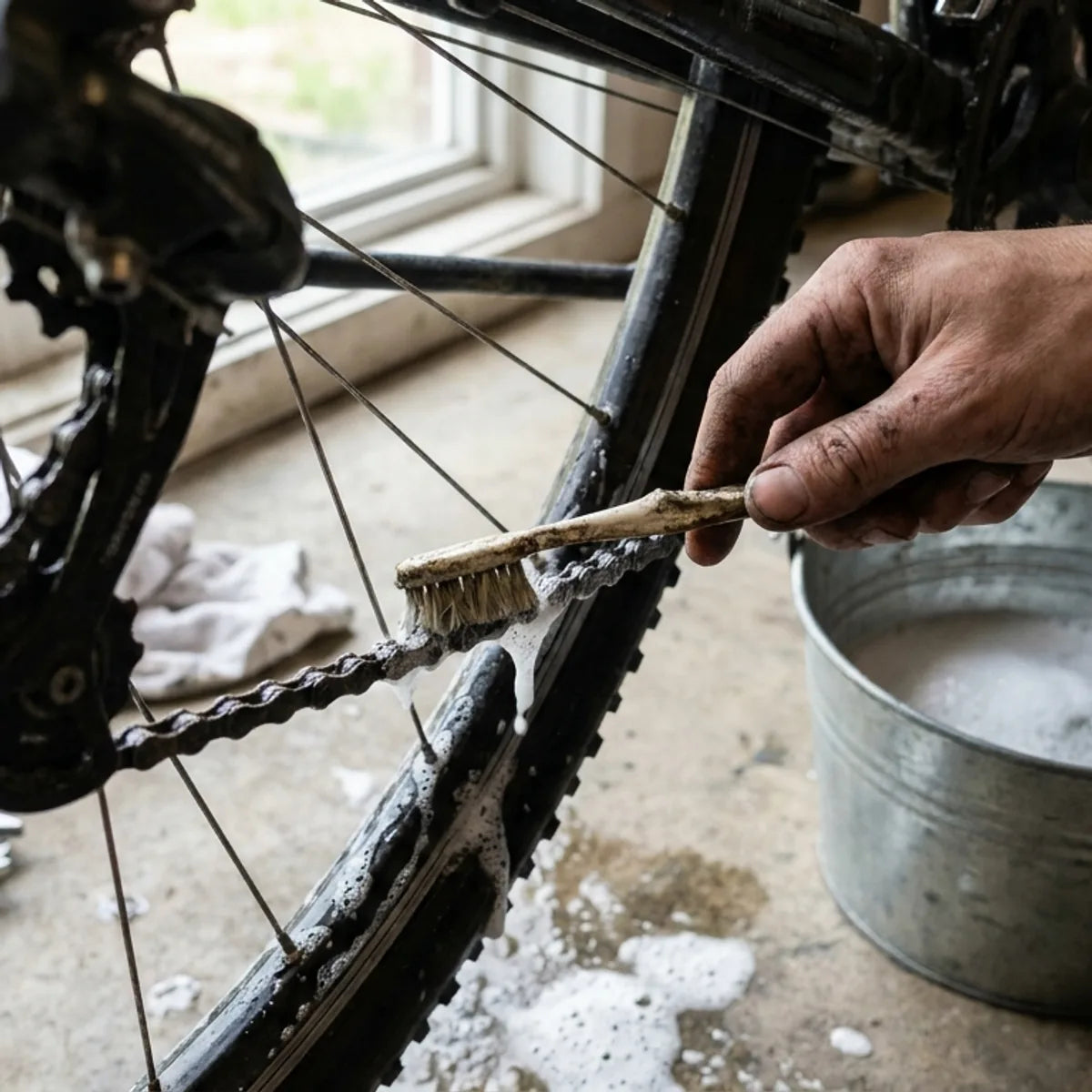 Fahrradkette wird mit Buerste und Spuelmittel-Schuessel gereinigt - Hausmittel im Check