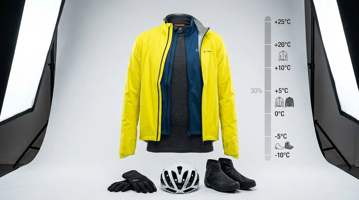 Fahrradkleidung Zwiebel-Prinzip mit 3 Schichten: Merino Base-Layer, Softshell Mid-Layer und gelbe Vaude Regenjacke Outer-Layer plus Temperatur-Skala