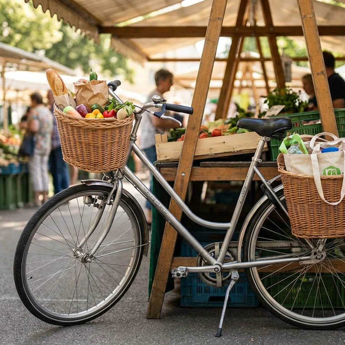 Stadtrad mit Weidenkoerben voller Obst und Gemuese am Wochenmarkt - praktischer Fahrradkorb
