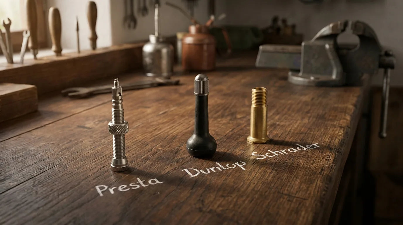 Drei Fahrradventil-Typen im Vergleich auf Holztisch: Presta (Sclaverand), Dunlop und Schrader mit Beschriftung