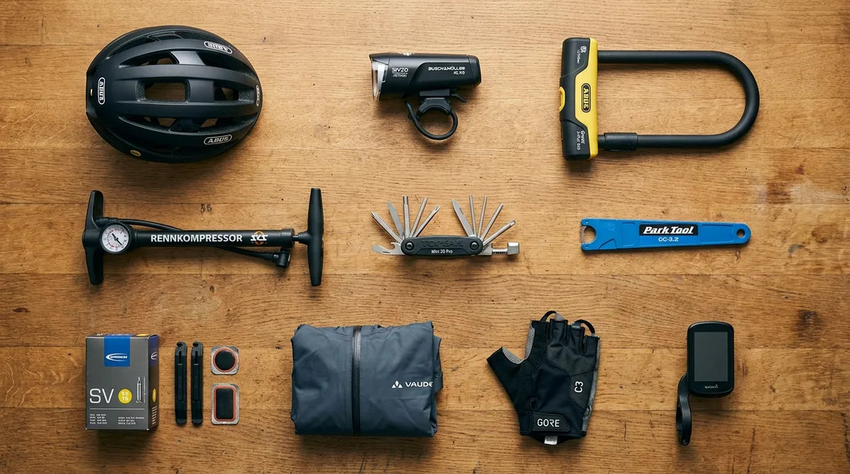 10 wichtigste Fahrrad-Zubehörteile 2026 als Flat-Lay auf Werkstatt-Bench: ABUS Helm, Busch Müller Licht, SKS Pumpe, Topeak Multi-Tool und mehr