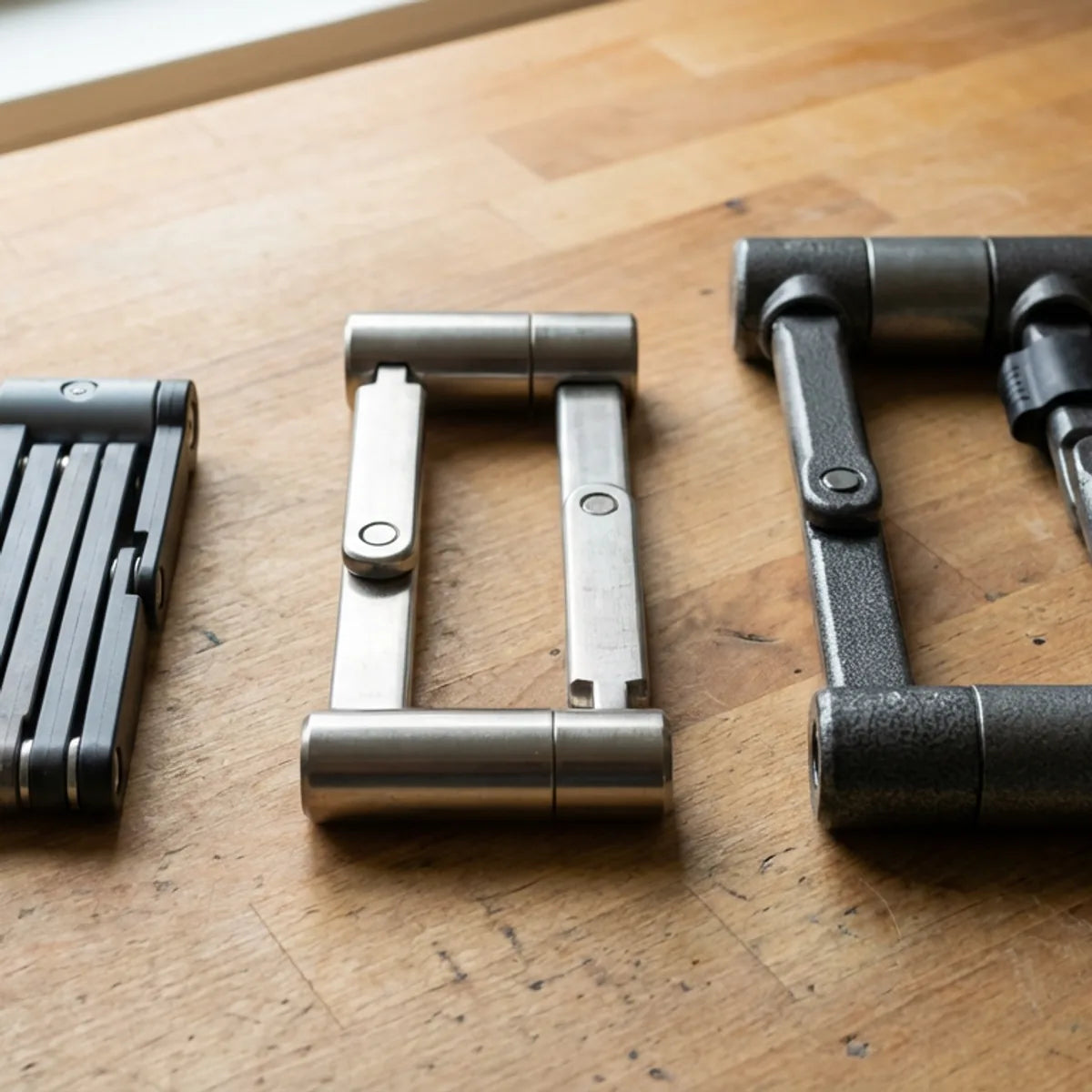 Drei Faltschloss-Modelle im Vergleich: Abus Bordo, Trelock und Axa auf Holztisch