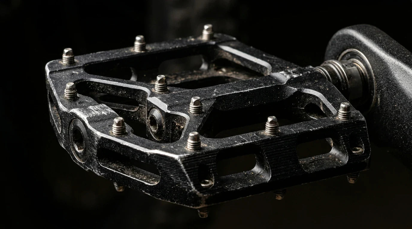 Alu-Flat-Pedal mit Metall-Pins fuer Grip in Nahaufnahme
