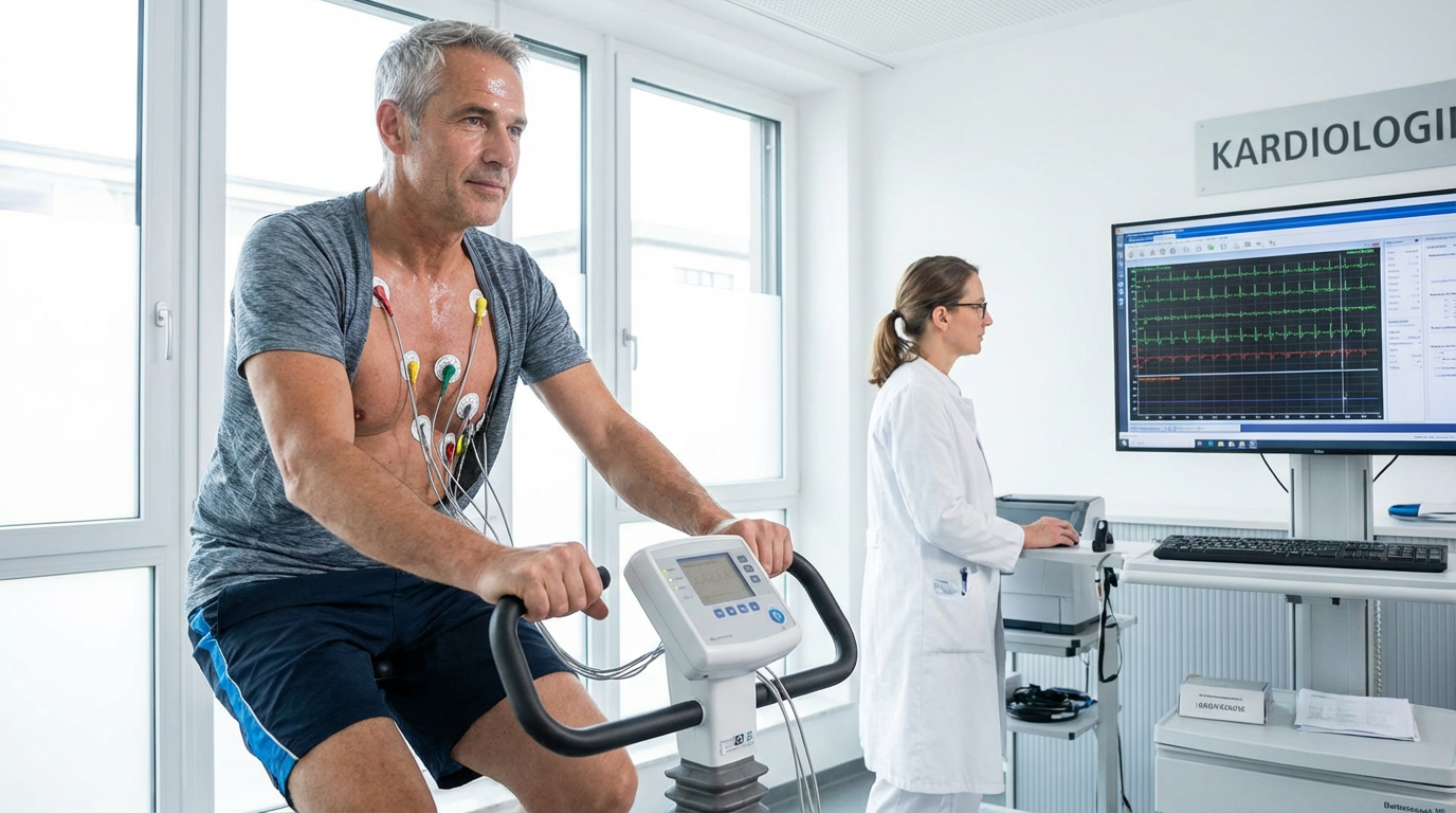 Belastungs-EKG wieviel Watt bei welchem Alter – Patient auf dem Fahrradergometer während der kardiologischen Leistungsdiagnostik