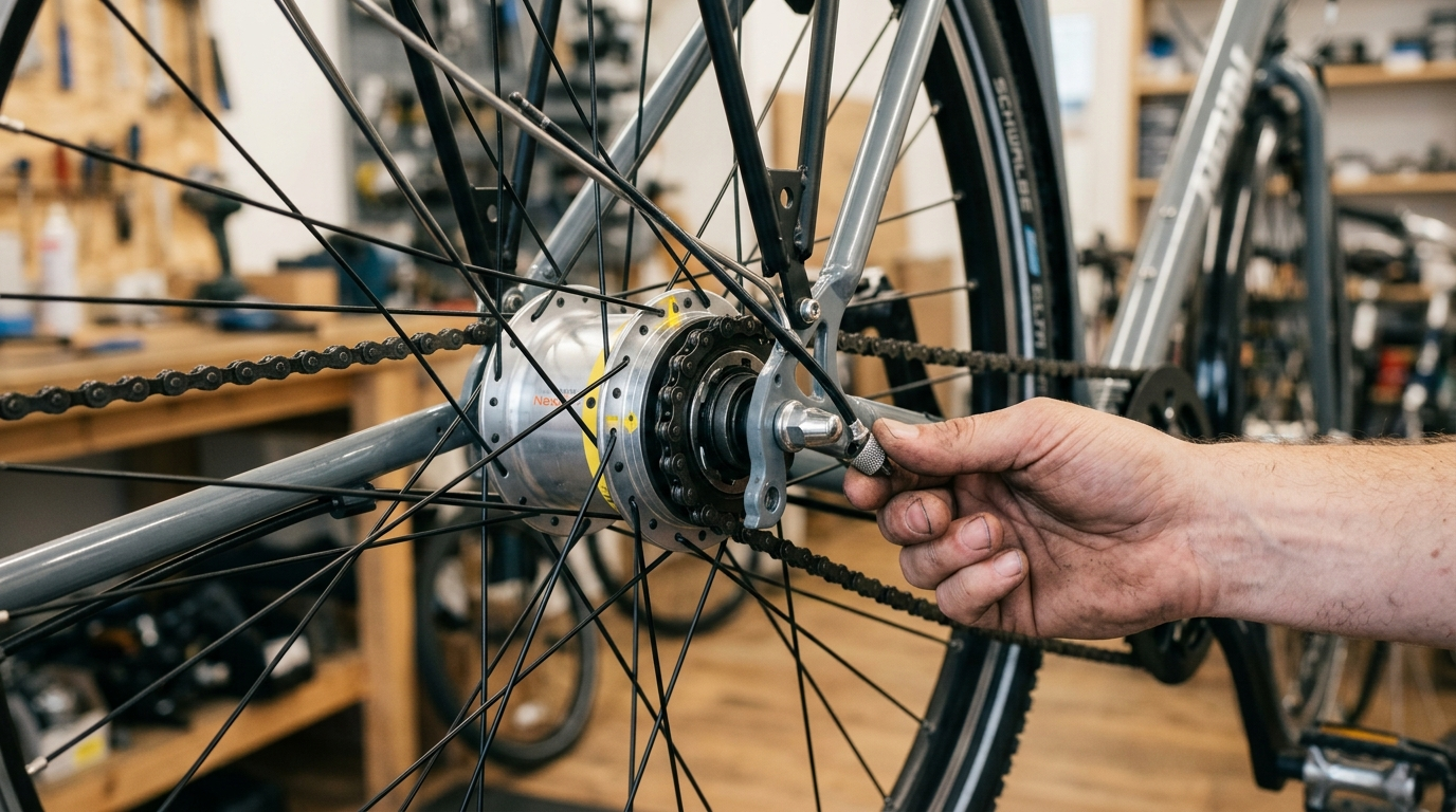 Mechaniker stellt den Schaltzug an der Shimano Nexus Nabenschaltung ein und bringt die gelben Markierungen zur Deckung