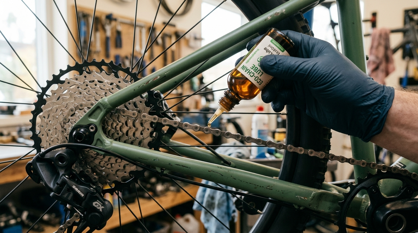 Biologisch abbaubares Kettenöl wird aus Tropfflasche auf eine saubere Fahrradkette gegeben - umweltfreundliche Bio-Fahrradpflege