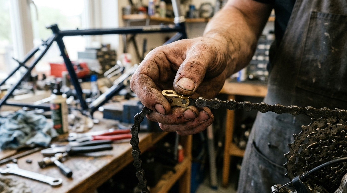Mechaniker-Hand öffnet einen wiederverwendbaren Connex-Link an der Fahrradkette ohne Werkzeug - Wippermann Kettenschloss