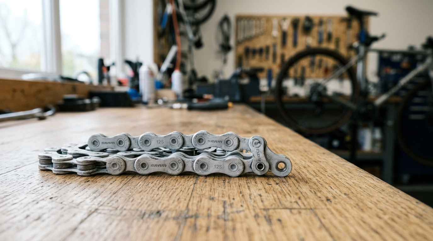 Ab Werk gewachste Fahrradkette mit mattem Wachsfilm auf der Werkbank - gewachste Kette kaufen oder selbst wachsen