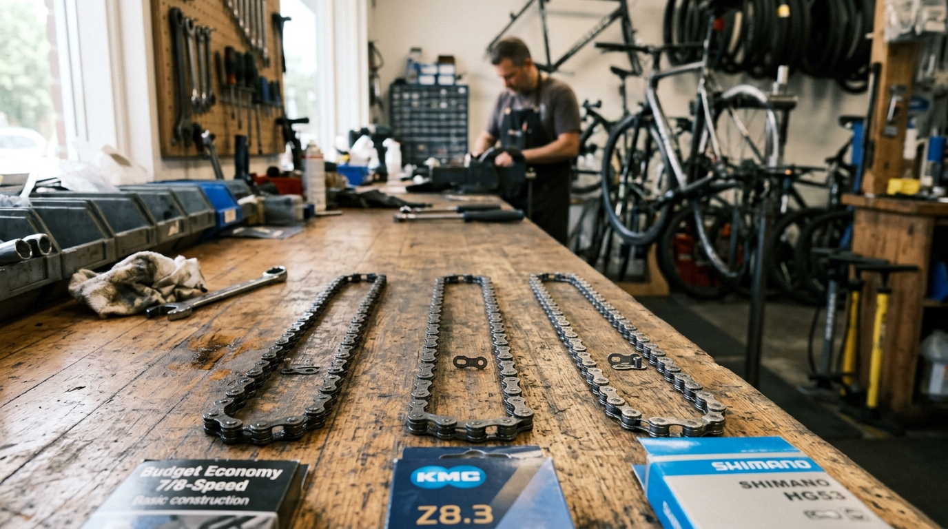 Drei günstige Fahrradketten nebeneinander auf der Werkbank - KMC, Shimano und SunRace im Vergleich