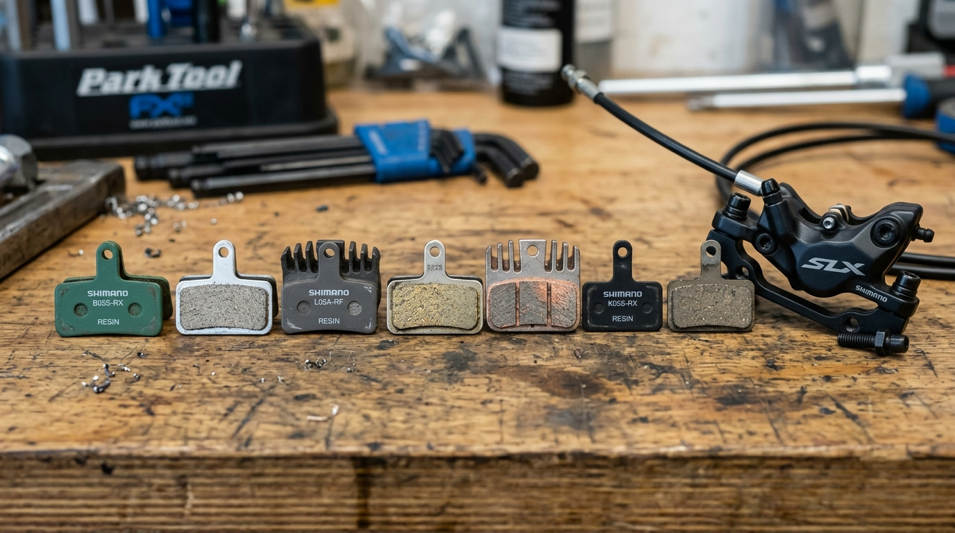 Verschiedene Shimano Scheibenbremsbeläge neben einem Bremssattel auf der Werkbank - B05S, D03S und G05S im Vergleich