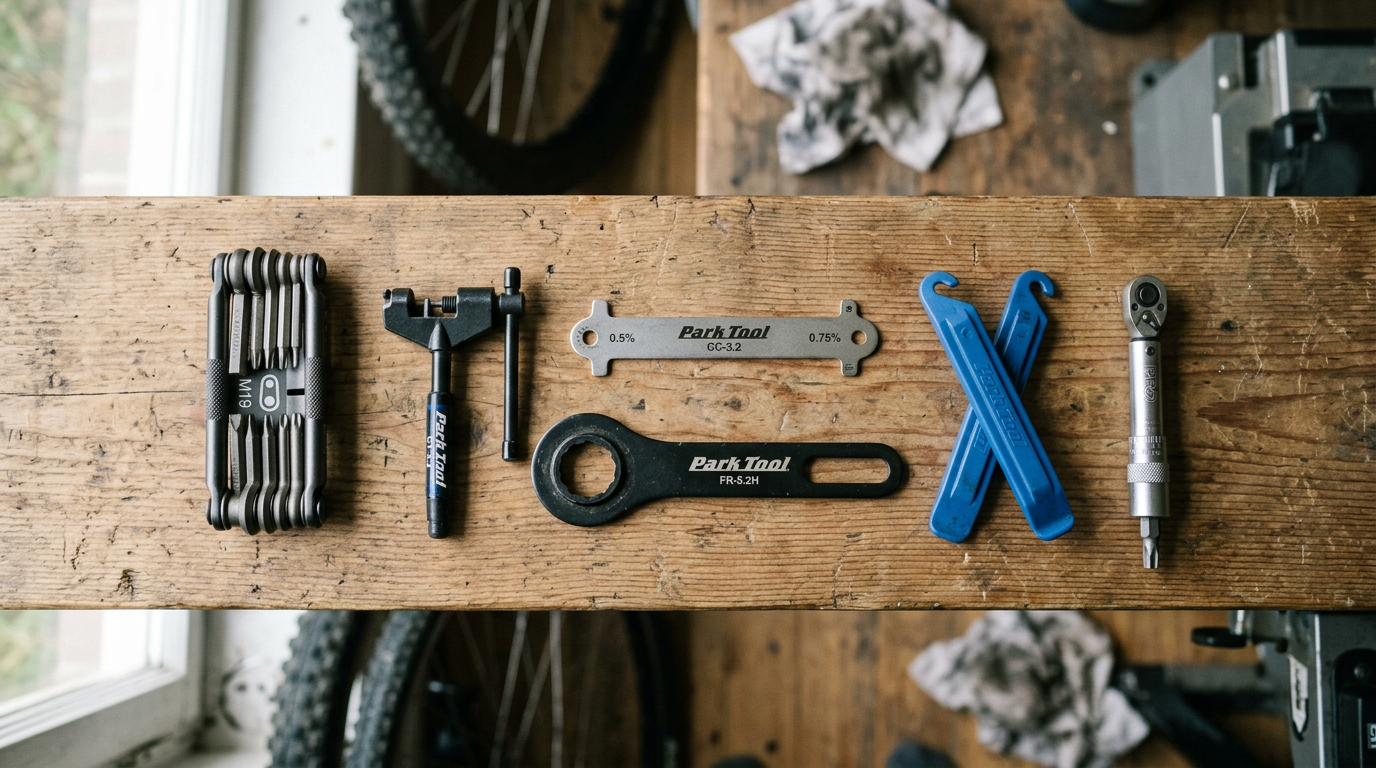 Fahrrad-Werkzeuge als Flatlay auf der Werkbank - Multitool, Kettennieter, Kettenlehre und Kassettenwerkzeug der Grundausstattung