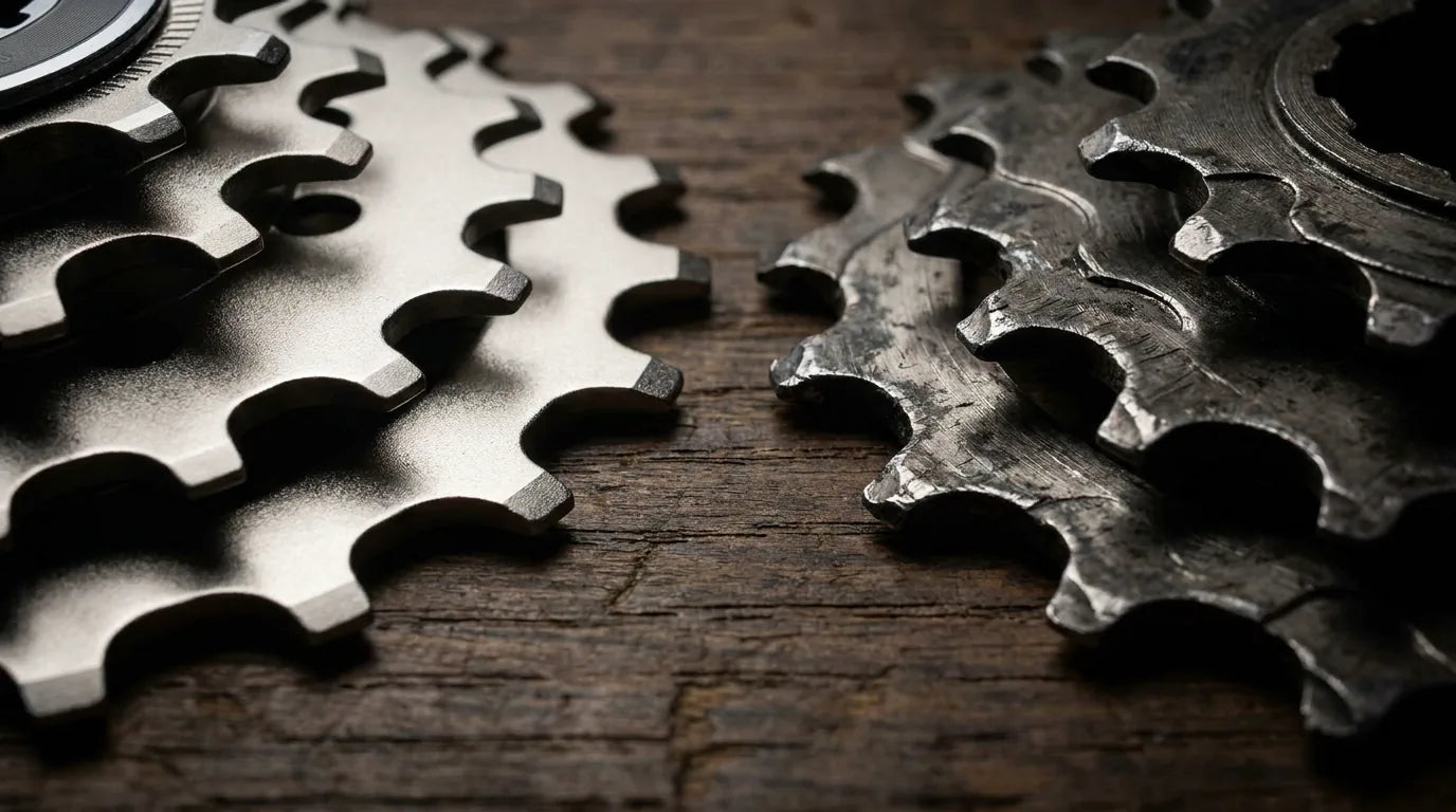 Fahrradkassette Vergleich: neue Kassette mit spitzen Zähnen vs verschlissene Haifischzähne