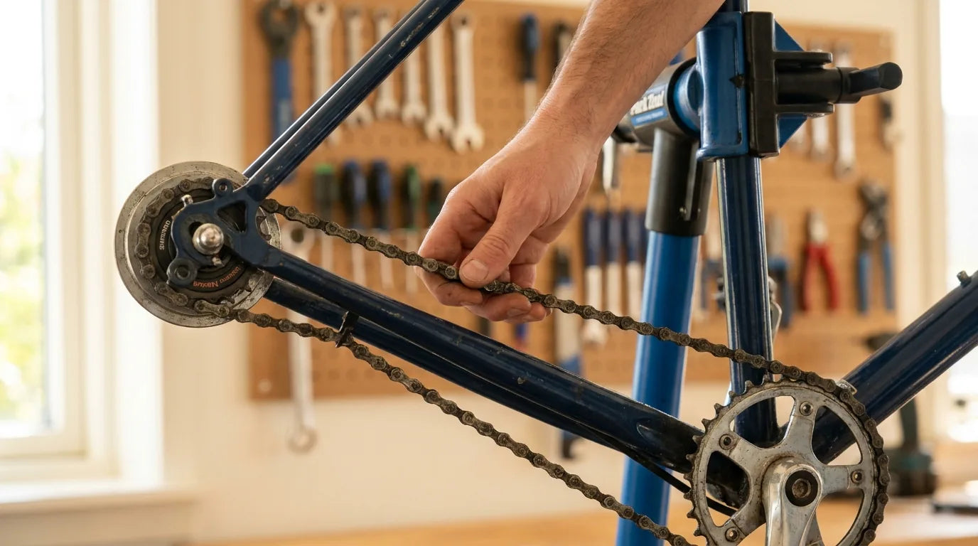 Fahrradkette-Durchhang wird in Werkstatt geprüft - Hand kontrolliert Spannung zwischen Kettenblatt und Ritzel