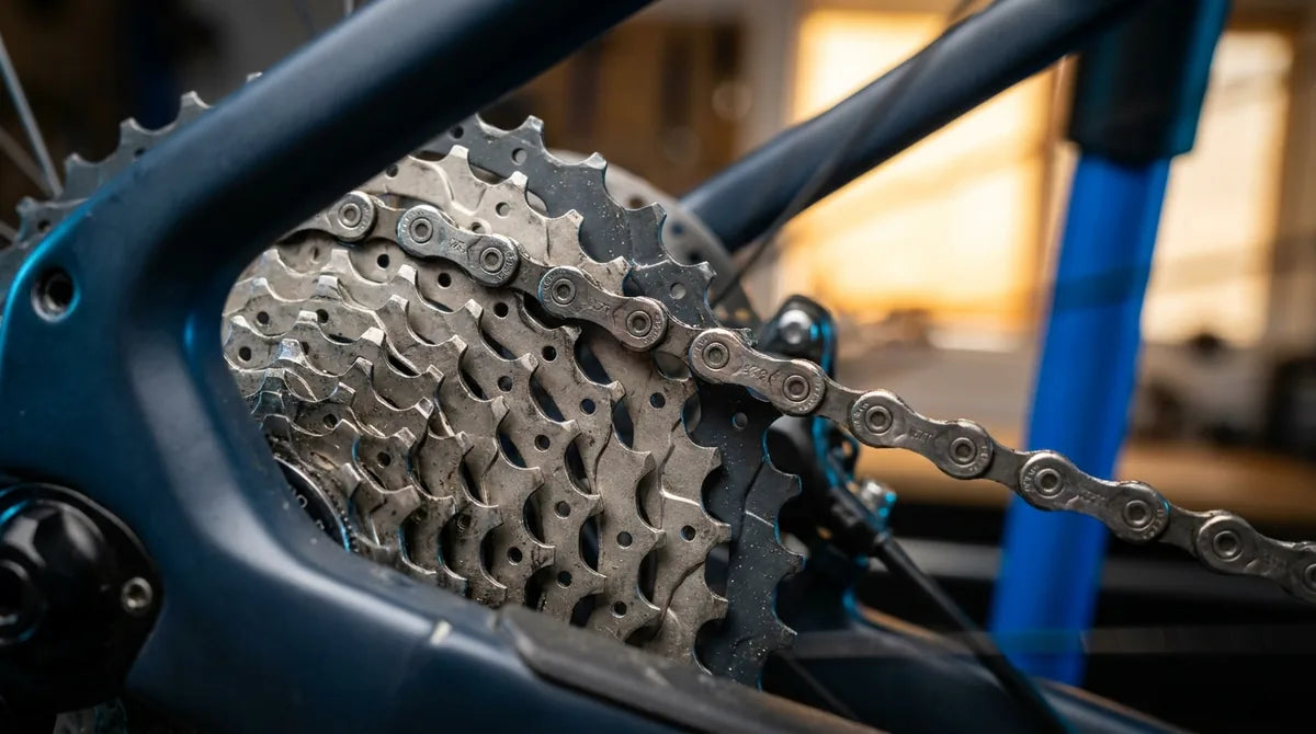 Fahrradkette springt unter Belastung auf verschlissener Shimano-Kassette - diagnostische Nahaufnahme des Kettensprungs beim Treten