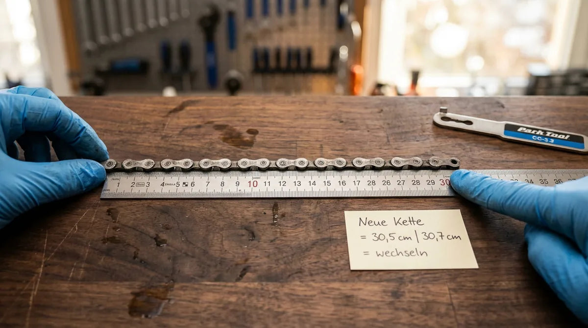 Fahrradkette wird mit Stahl-Lineal auf 30,5 cm Länge über 12 Glieder gemessen - DIY-Methode für Kettenverschleiß ohne Kettenlehre