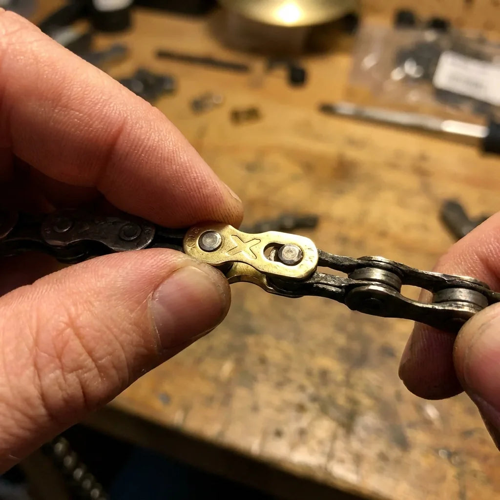 KMC MissingLink Kettenschloss öffnen: Daumen drücken die goldenen Laschen des Quick-Links zusammen zum Lösen der Fahrradkette