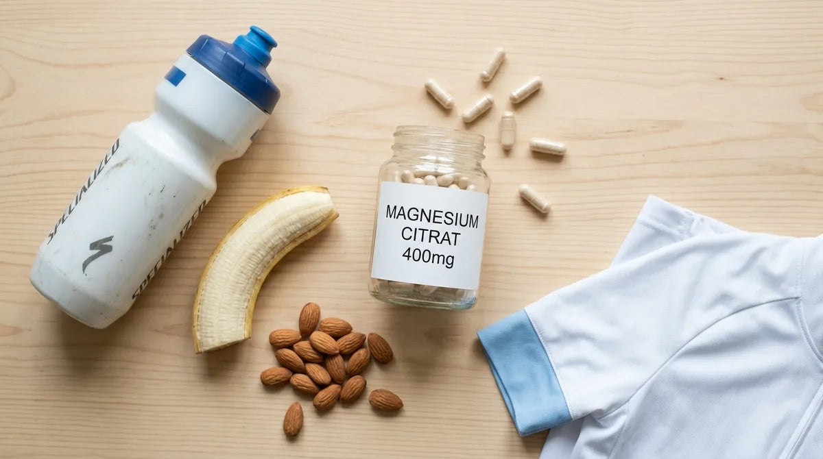 Magnesium-Citrat 400mg Kapseln mit Fahrrad-Trinkflasche, Banane und Nüssen - Magnesium für Radfahrer