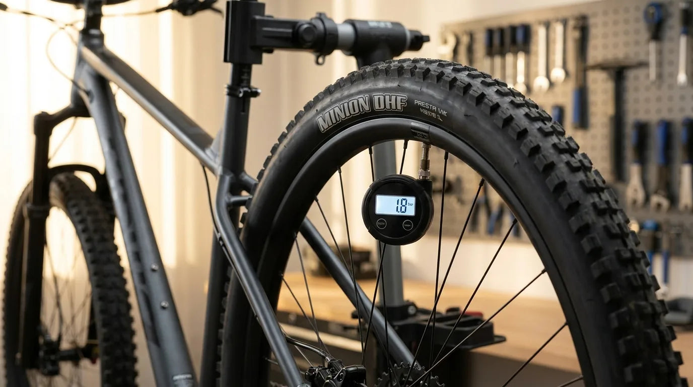 Digitales Manometer am 29 Zoll MTB-Reifen zeigt 1,8 bar optimalen Reifendruck in der Werkstatt