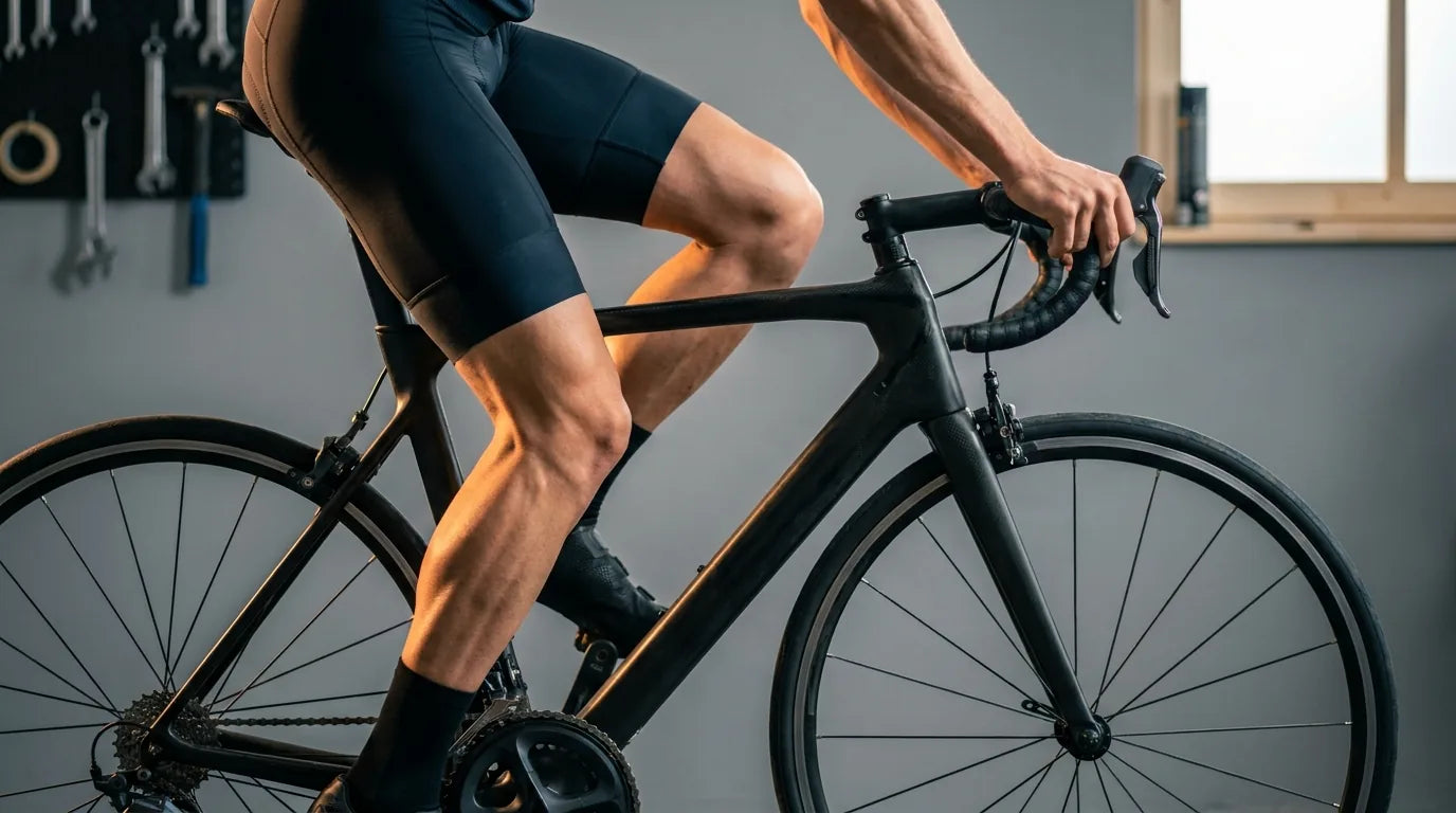 Durchtrainierte Radfahrer-Beine auf Rennrad mit sichtbarem Quadrizeps und Wadenmuskulatur - Muskelaufbau durch Radfahren