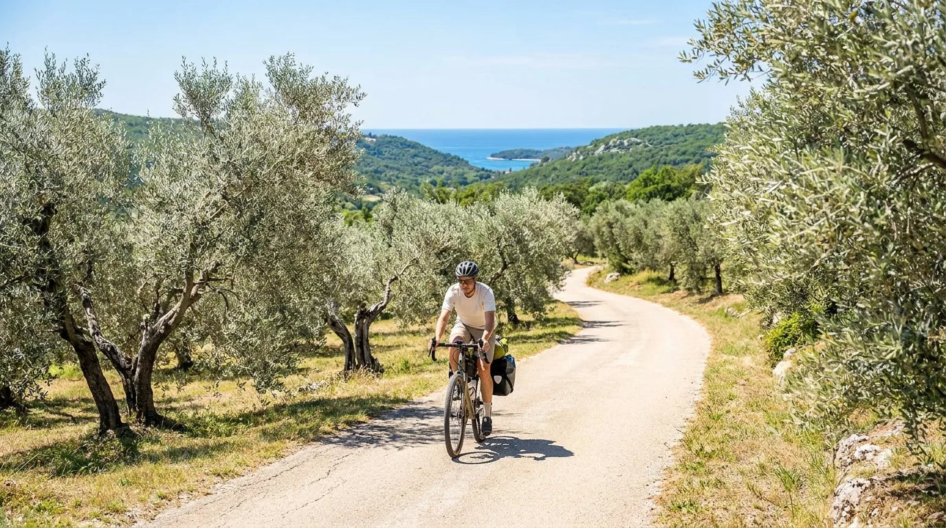 Radfahrer auf einer Landstraße durch istrische Olivenhaine mit einem Blick auf die Adria im Hintergrund - Fahrradfahren in Poreč