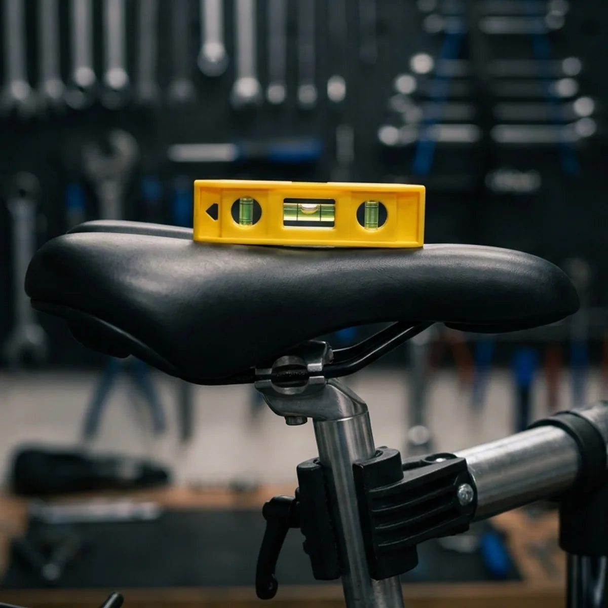 Fahrrad-Sattel mit gelber Wasserwaage zur Ausrichtung in der Werkstatt - richtige Sattelstuetzen-Montage
