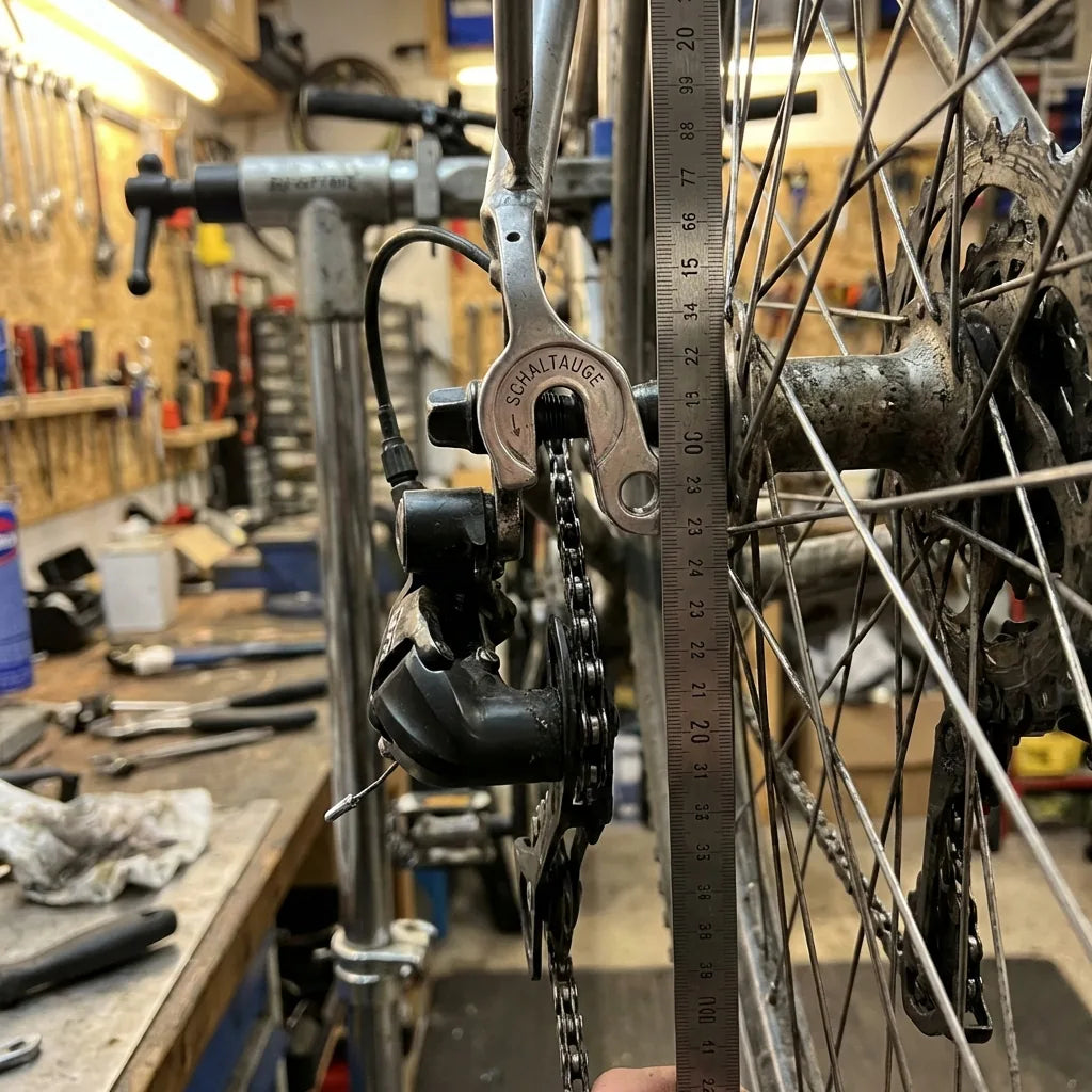 Verbogenes Schaltauge ausrichten: Park Tool Richtlehre am Hinterrad-Schaltauge zeigt den Versatz vom Fluchtpunkt